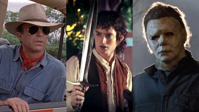 Dr. Alan Grant com chapéu e óculos de sol em Jurassic Park, Frodo segurando uma espada e Michael Myers em sua máscara de Halloween
