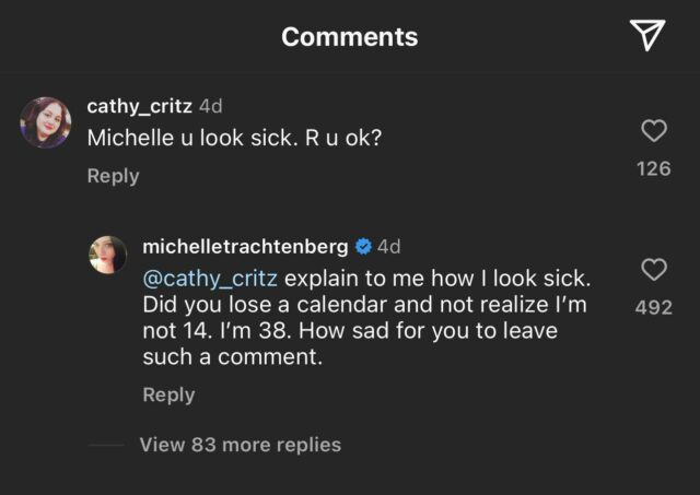 Michelle Trachtenberg critica usuário do Instagram por seu comentário ‘U Look Sick’