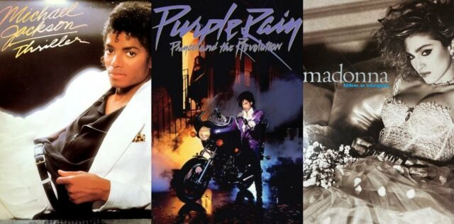 Capas de álbuns de Thriller de Michael Jackson, Purple Rain de Prince e Like a Virgin de Madonna.
