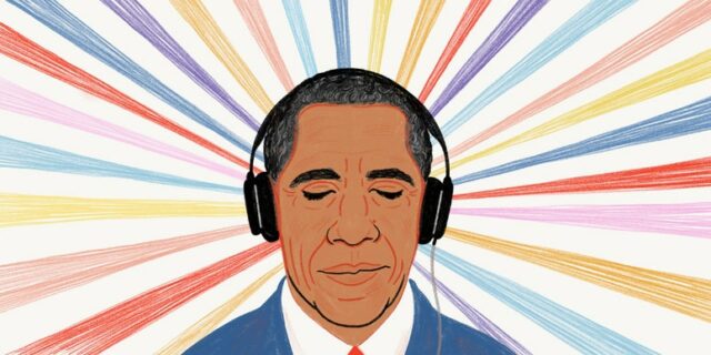 A imagem pode conter: Barack Obama, eletrônicos, fones de ouvido, fone de ouvido, humano, pessoa, cabeça e rosto