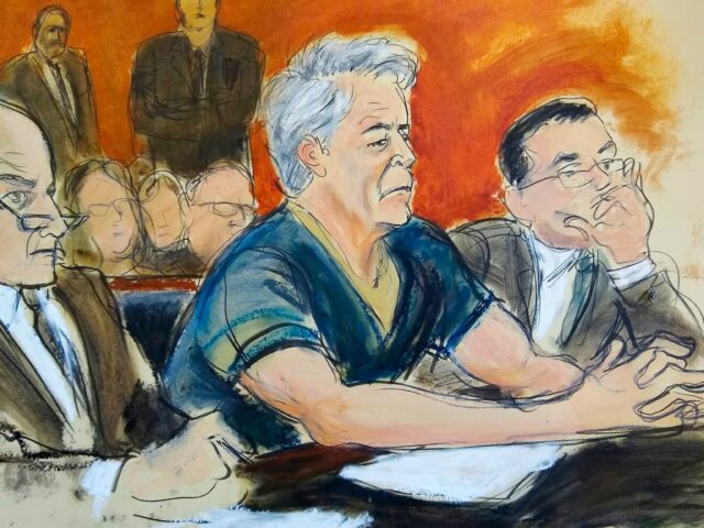 FOTO: Neste esboço artístico do tribunal, o réu Jeffrey Epstein, no centro, senta-se com os advogados Martin Weinberg, à esquerda, e Marc Fernich durante sua acusação no tribunal federal de Nova York, 8 de julho de 2019. 