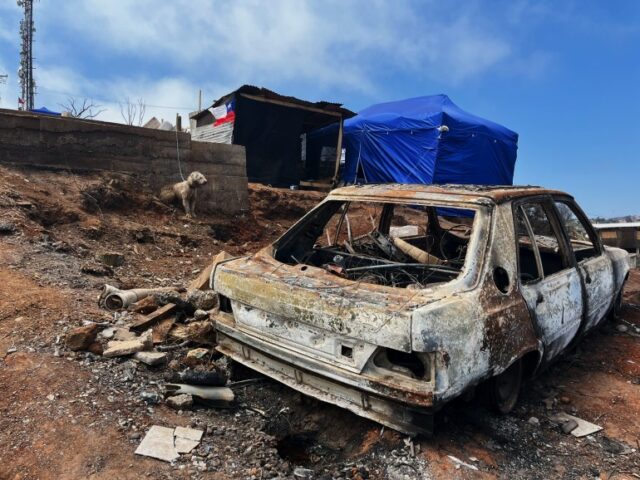 Um carro queimado – sem janelas e com chamas nas laterais – está parado em um bairro devastado pelos recentes incêndios florestais no Chile.  Uma tenda azul é vista ao fundo.