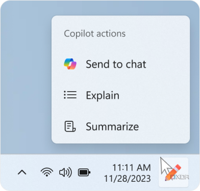 Captura de tela do ícone do Copilot após o usuário copiar o texto no Windows 11 com um menu mostrando opções sobre o que fazer com o texto