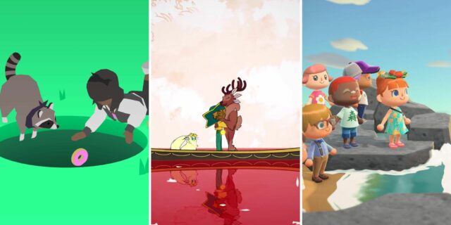 Colagem dos melhores jogos aconchegantes (Donut County, Spiritfarer, Animal Crossing: New Horizons)