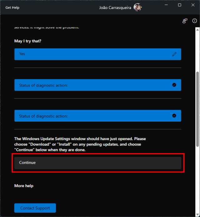Captura de tela do aplicativo Obter Ajuda após tentar resolver um problema do Windows Update.  Um botão Continuar é destacado.
