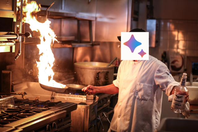 Homem cozinhando em uma cozinha com a panela pegando fogo e o logotipo do Google Bard no rosto