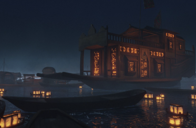 Uma captura de tela de The Pirate Queen, mostrando um navio ornamentado com um brilho quente emanando de suas janelas.  O navio está em um corpo de água que possui algumas lanternas flutuantes.