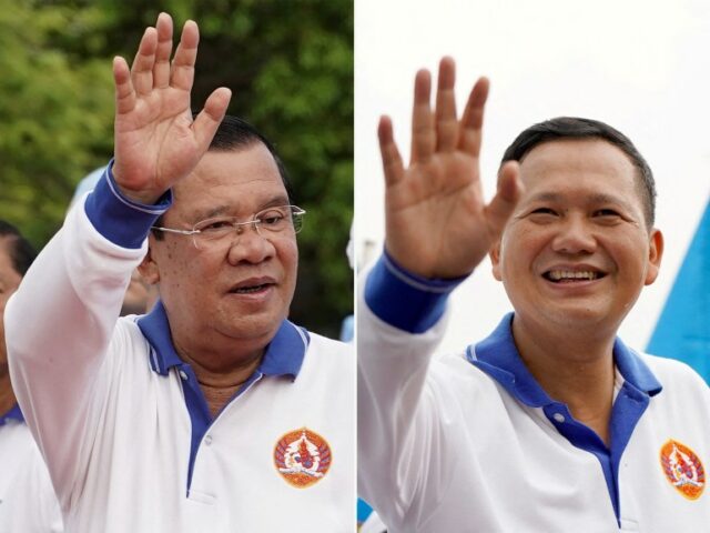 FOTO DE ARQUIVO: Esta foto combinada mostra o primeiro-ministro do Camboja, Hun Sen, e seu filho, Hun Manet, durante comícios de campanha eleitoral em Phnom Penh, Camboja, em 1º de julho de 2023 e 21 de julho de 2023, respectivamente.  REUTERS/Cindy Liu/Foto de arquivo