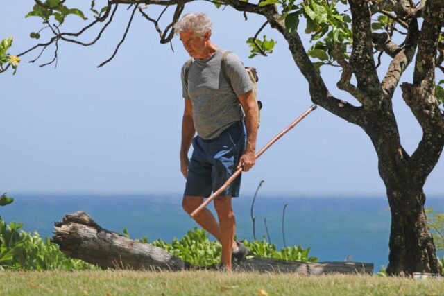 Pierce Brosnan sai para fazer uma caminhada e depois volta à praia para ler um livro.