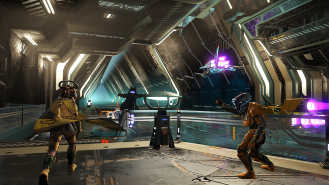 Interior de novas estações espaciais geradas processualmente no jogo No Man's Sky.  Três personagens fazem poses de ação no primeiro plano de um hangar espacial enquanto naves passam.