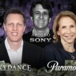 O CEO da Skydance, David Ellison, o CEO da Apollo, Marc Rowan, e a presidente não executiva global da Paramount, Shari Redstone