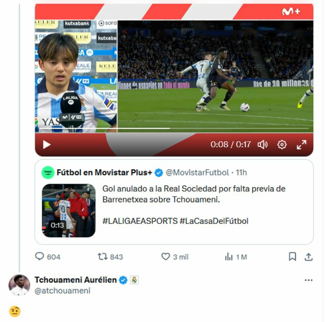 Kubo 'racha' pelo gol anulado e Tchouaméni responde 'como Ancelotti'