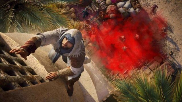 Tela promocional de Assassin's Creed Mirage.  O herói sobe em uma torre na Bagdá do século IX.  Ele tem um sorriso maligno no rosto quando vemos uma nuvem vermelha (fumaça? sangue?) Entre as pessoas abaixo.