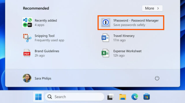 Uma captura de tela do menu Iniciar do Windows 11 mostrando um anúncio do 1Password.