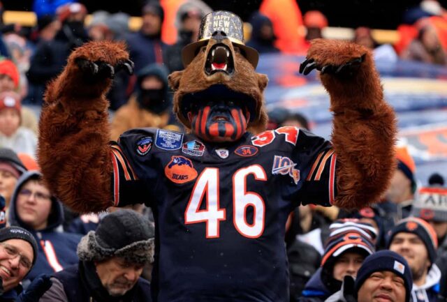 Um torcedor do Chicago Bears comemora durante um jogo contra o Atlanta Falcons no Soldier Field em 31 de dezembro de 2023 em Chicago, Illinois.