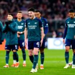 Declan Rice, do Arsenal, reage no final da segunda mão dos quartos-de-final da UEFA Champions League, na Allianz Arena