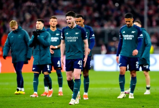 Declan Rice, do Arsenal, reage no final da segunda mão dos quartos-de-final da UEFA Champions League, na Allianz Arena