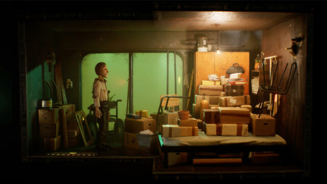 Ainda do jogo Harold Halibut.  O protagonista, desleixado com uma camisa e calças brancas sujas, está de perfil em uma sala suja e desordenada dentro de uma nave subaquática.