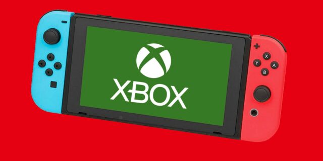 Um Nintendo Switch com o logotipo do Xbox sobreposto na tela, contra um fundo vermelho.