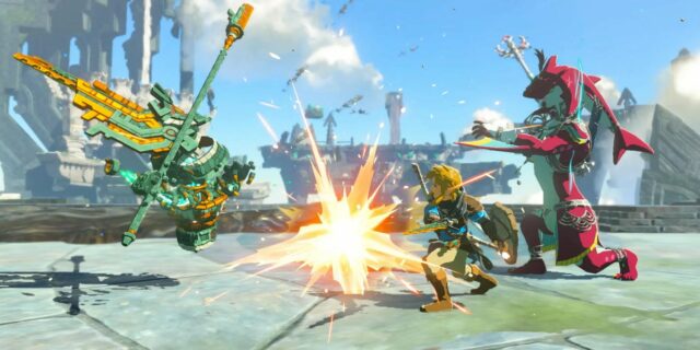 Uma captura de tela de Link e Sidon lutando contra um inimigo em The Legend of Zelda: Tears of the Kingdom.
