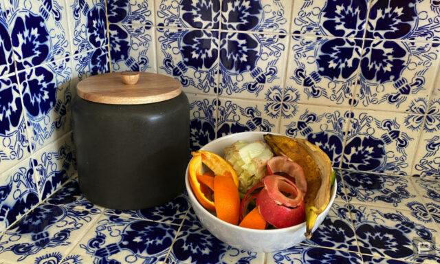 Uma tigela com restos de comida está sobre uma bancada azul e branca ao lado de uma vasilha de cerâmica. 