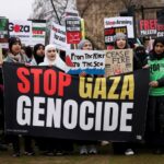 Manifestantes se reúnem para participar de uma marcha em solidariedade aos palestinos em Gaza