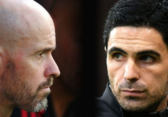     Nesta imagem composta, foi feita uma comparação entre Erik ten Hag, técnico do Manchester United (L) e Mikel Arteta, técnico do Arsenal