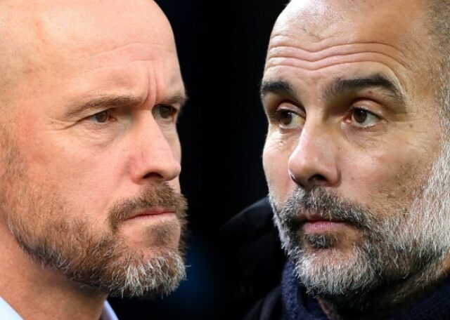 O técnico do Man Utd, Erik ten Hag, e o técnico do Manchester City, Pep Guardiola