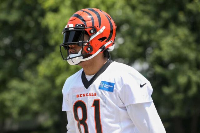 Thaddeus Moss nº 81 do Cincinnati Bengals chega ao campo de treinamento em 28 de julho de 2021 em Cincinnati, Ohio. 