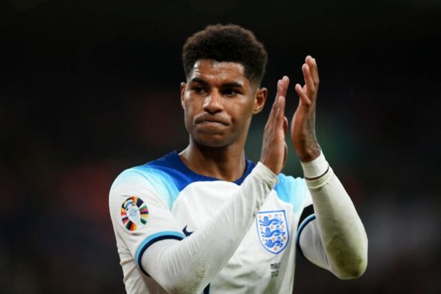 O atacante do Manchester United, Marcus Rashford, jogando pela Inglaterra em 2023