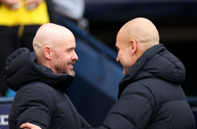 O técnico do Manchester United, Erik ten Hag, e o técnico do Manchester City, Pep Guardiola