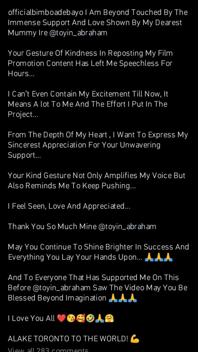 Bimbo Ademola agradece Toyin Abraham