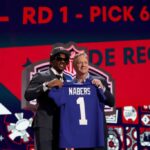 DETROIT, MICHIGAN - 25 DE ABRIL: (LR) Malik Nabers posa com o comissário da NFL Roger Goodell depois de ser selecionado em sexto lugar geral pelo New York Giants durante a primeira rodada do Draft da NFL de 2024 no Campus Martius Park e Hart Plaza em 25 de abril de 2024 em Detroit, Michigan.