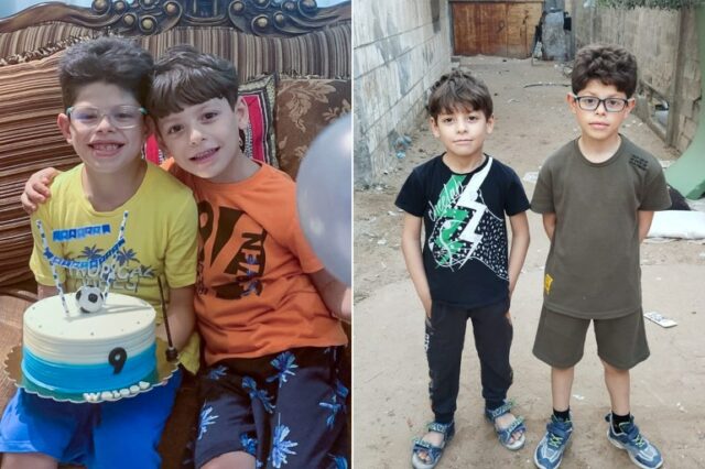Filhos de Khader Al Belbesy.  Walid, de 9 anos, e Hamoud, de 7, antes da guerra em sua casa (L) e depois da guerra deslocados para Rafah (R) 