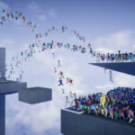 O jogo de aventura e quebra-cabeça Humanity, com humanos escalando e saltando sobre plataformas perigosas em frente a um céu azul claro.