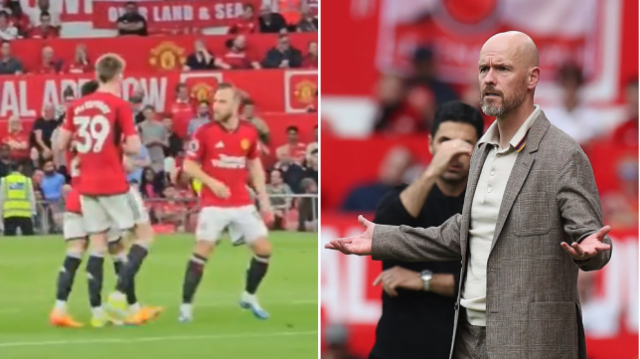 A estrela do Manchester United, Antony, dá um tapa em Erik ten Hag durante a derrota do Arsenal