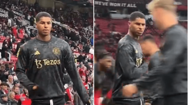 Uma captura de tela de um vídeo viral mostrando Marcus Rashford discutindo com um torcedor do Manchester United