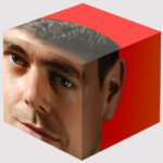 Gráfico da empresa financeira Block mostrando o rosto de Jack Dorsey em um cubo.