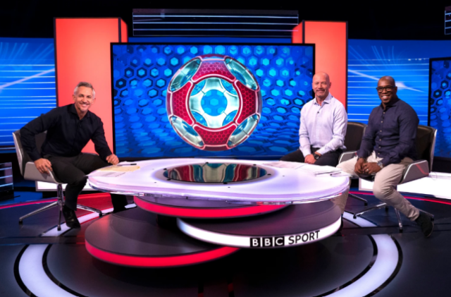 Gary Lineker, Alan Shearer e Ian Wright no estúdio BBC Match of the Day