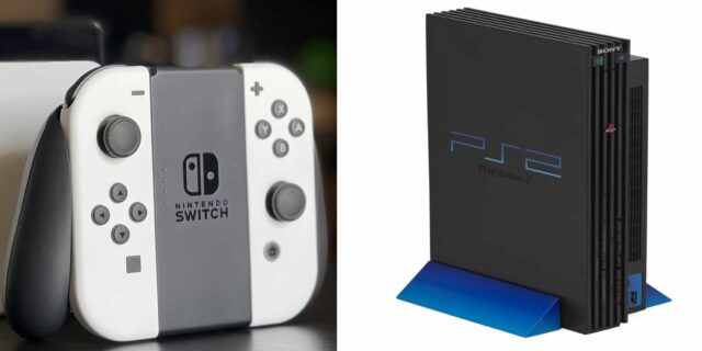 Uma imagem em tela dividida de um controle do Nintendo Switch e do console PlayStation 2.