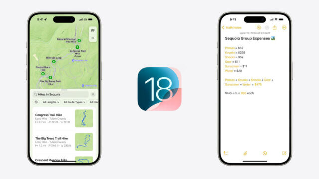 Dois iPhones separados pelo logotipo do iOS 18, mostrando o aplicativo Mapa e o aplicativo Notas, respectivamente.