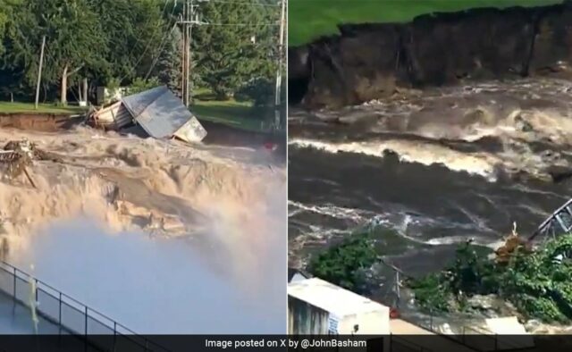 Vídeos dramáticos mostram água furiosa fluindo ao redor da barragem dos EUA enquanto varre prédios