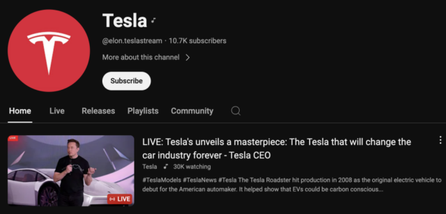 Uma captura de tela mostrando uma conta se passando por Tesla com uma transmissão ao vivo que usa um Elon Musk gerado por IA para promover um golpe de criptografia