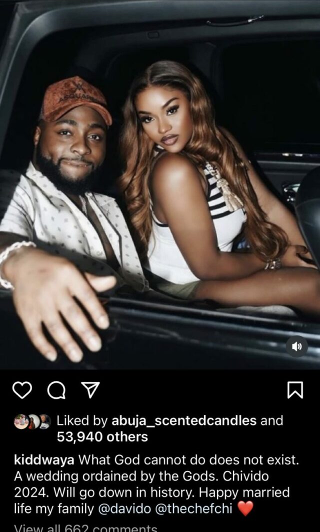 Kiddwaya envia votos de felicidades a Chioma e Davido antes do casamento.