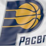 Close-up da bandeira com o logotipo do time de basquete NBA Indiana Pacers, Estados Unidos