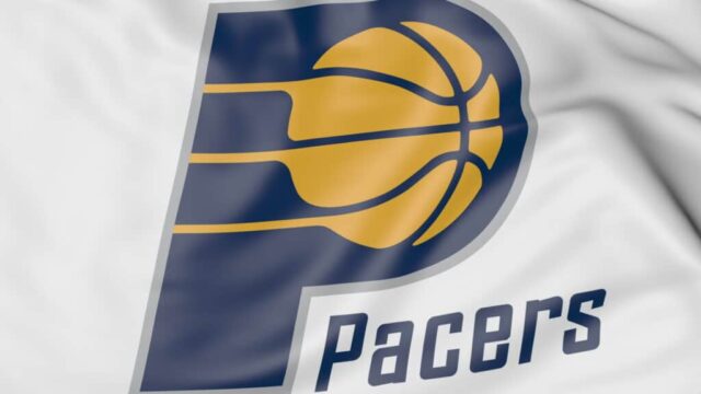 Close-up da bandeira com o logotipo do time de basquete NBA Indiana Pacers, Estados Unidos