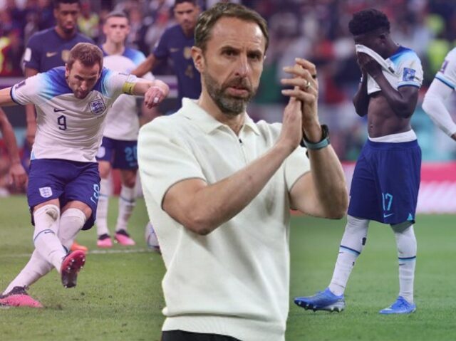 Uma imagem mostrando o técnico da Inglaterra Gareth Southgate junto com a dupla de estrelas Harry Kane e Bukayo Saka