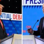 Donald Trump e o presidente Joe Biden no debate presidencial de 2024 da CNN em Atlanta (Crédito: Kyle Mazza/Anadolu/Justin Sullivan/Getty Images)