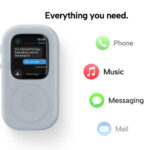 Captura de tela de marketing do tinyPod.  O dispositivo semelhante ao iPod fica próximo aos ícones de Telefone, Música, Mensagens e Correio, demonstrando suas capacidades.  Fundo branco.