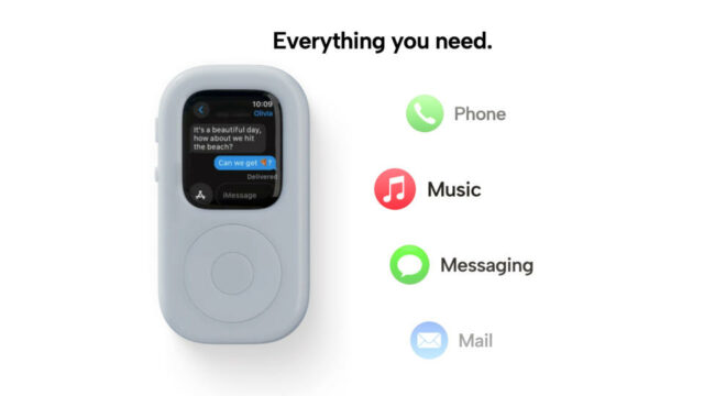 Captura de tela de marketing do tinyPod.  O dispositivo semelhante ao iPod fica próximo aos ícones de Telefone, Música, Mensagens e Correio, demonstrando suas capacidades.  Fundo branco.